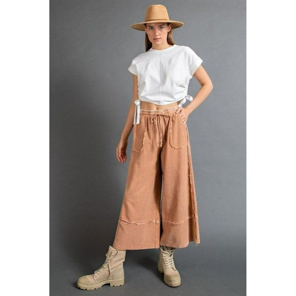 Easel Washed Terry Knit Palazzo Wide Leg Boho Bohemian Pants in Cinnamon EB40797 - Picture 2 of 5